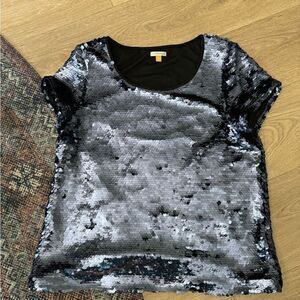 Anthropologie Leifsdottir Slate Navy Blue Sequin Paillette Short Sleeve Top